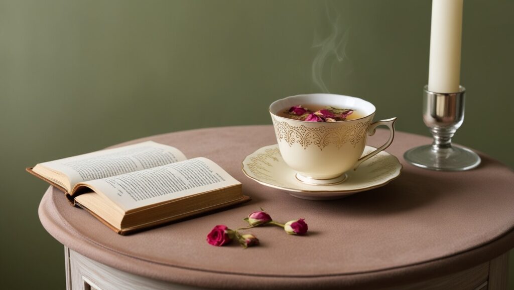 Ambiente relaxante com chá, livro e vela, representando hábitos saudáveis para a pele.