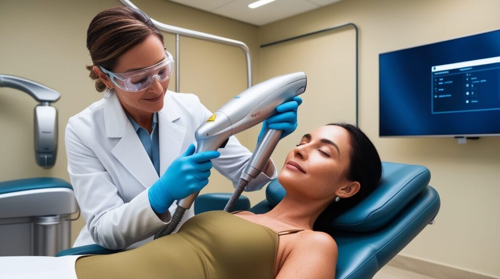 Dermatologista realizando tratamento a laser para clareamento de manchas.