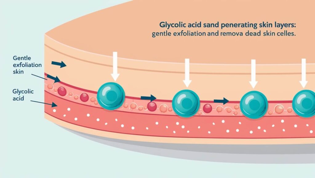 Ilustração do ácido glicólico esfoliando a pele, removendo células mortas.