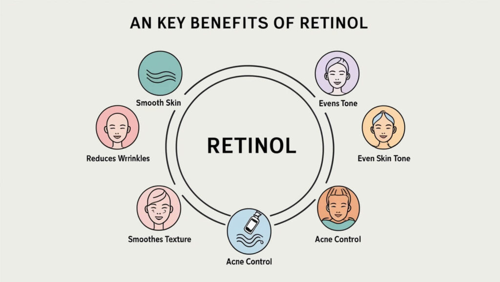 Infográfico mostrando os principais benefícios do retinol, como redução de rugas e melhora da textura da pele.