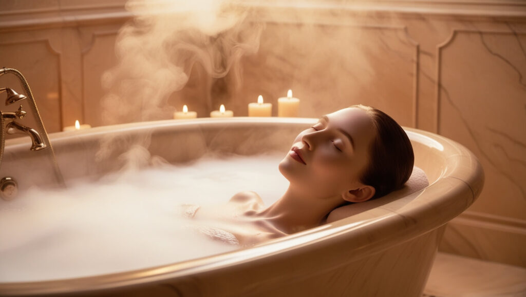 Mulher em banho quente com vapor, representando o relaxamento e os efeitos da água quente na pele.