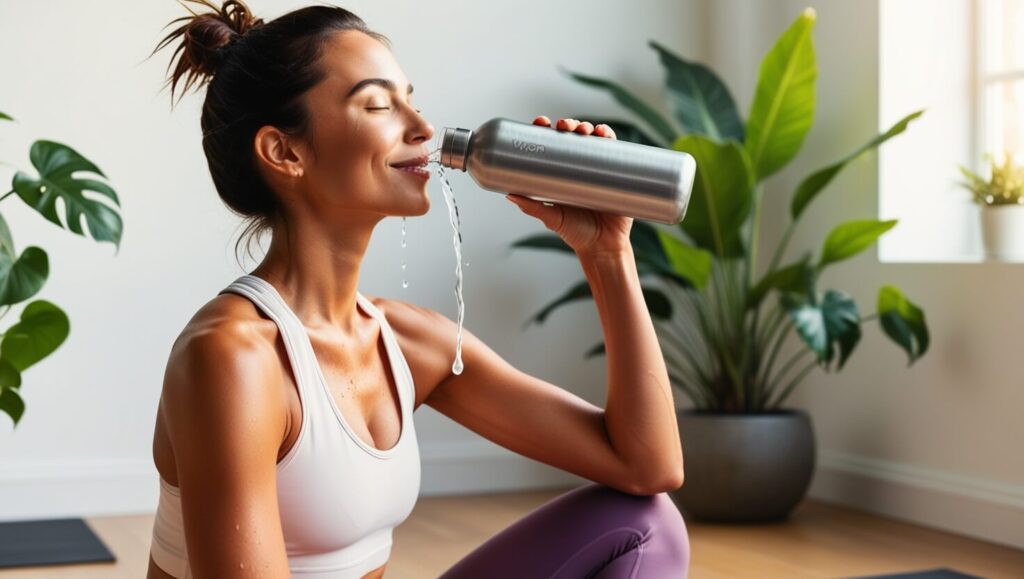 Mulher hidratando-se após o treino, mostrando a importância de beber água para manter a pele saudável e hidratada.