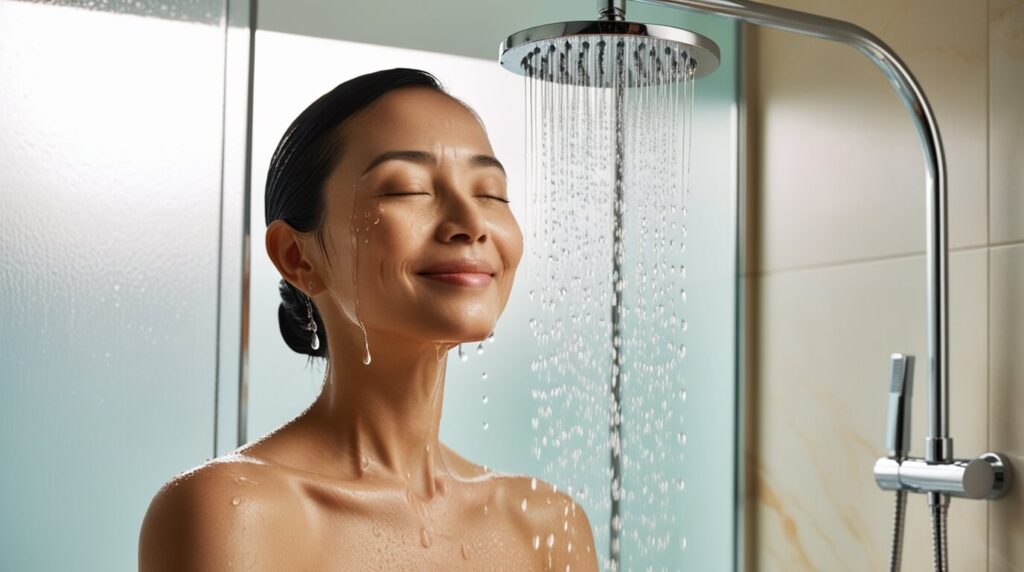 Pessoa em um banho revigorante de água fria, representando os benefícios da água fria para a pele.