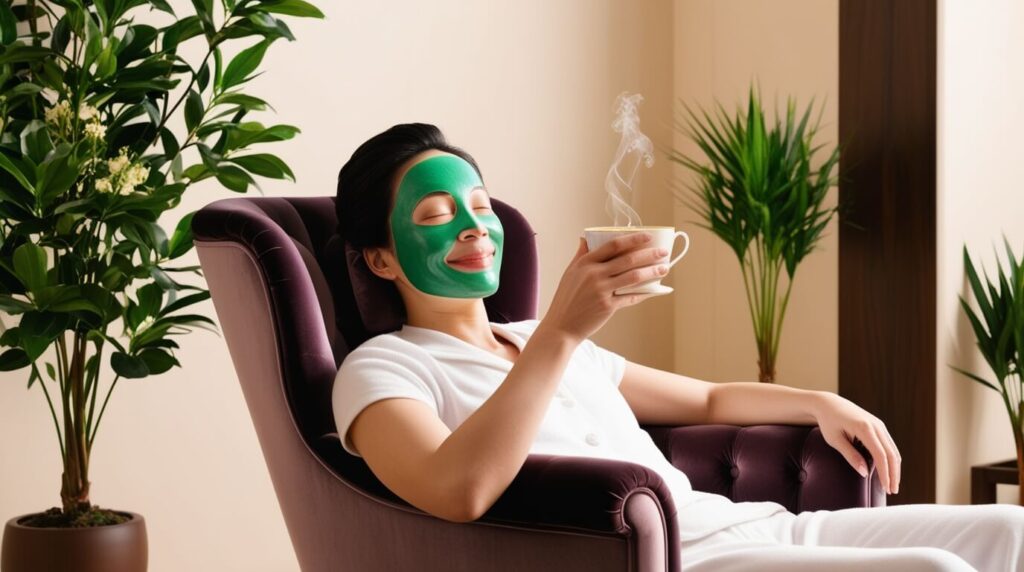 Pessoa relaxando com máscara facial e tomando chá, representando autocuidado para reduzir o estresse e melhorar a pele.