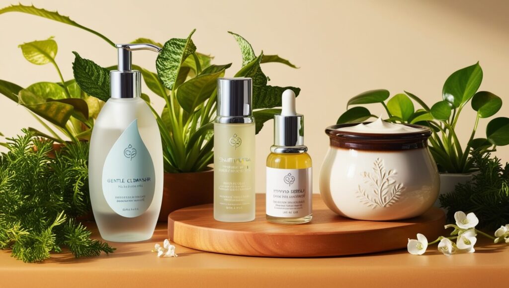 Produtos de skincare para pele sensível dispostos em bancada de madeira com plantas.