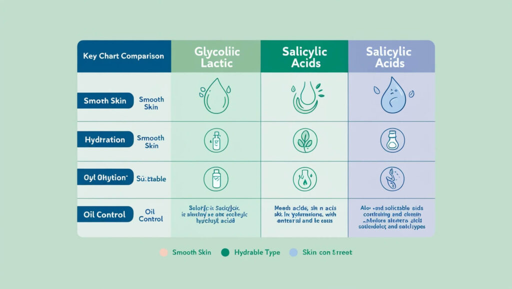 Tabela comparativa entre ácido glicólico, lático e salicílico, destacando benefícios.