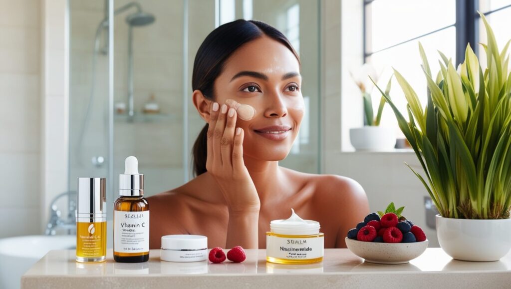 Mulher aplicando sérum de vitamina C em um banheiro bem iluminado, com produtos de skincare ao redor, como creme de niacinamida e frutas vermelhas.