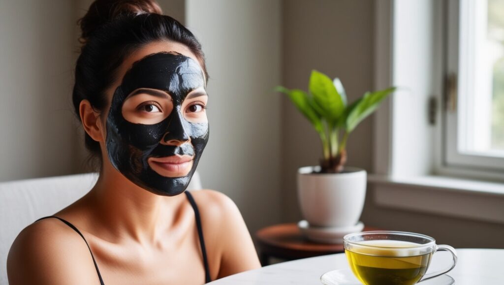 Mulher aplicando uma máscara detox de carvão em casa, sentada perto da janela com luz natural, com chá verde e planta ao fundo.