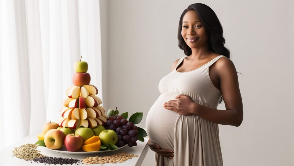 Mulher grávida sorrindo ao lado de frutas frescas e sementes, destacando a importância de uma dieta balanceada.