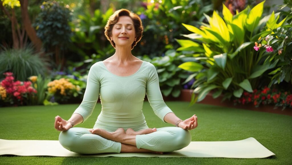 Mulher praticando yoga ao ar livre, cuidando da saúde emocional e da pele na menopausa.